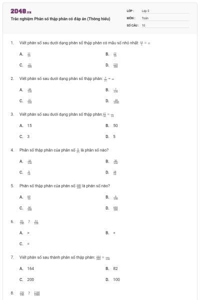 Trắc nghiệm Phân số thập phân có đáp án (Thông hiểu)