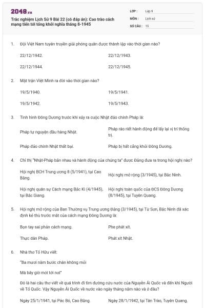 Trắc nghiệm Lịch Sử 9 Bài 22 (có đáp án): Cao trào cách mạng tiến tới tổng khởi nghĩa tháng 8-1945