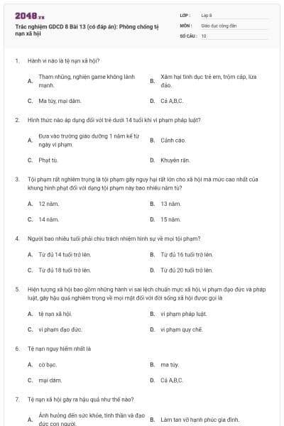 Trắc nghiệm GDCD 8 Bài 13 (có đáp án): Phòng chống tệ nạn xã hội