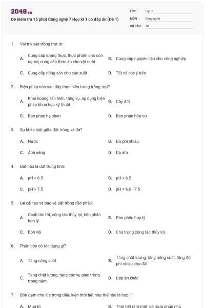 Đề kiểm tra 15 phút Công nghệ 7 Học kì 1 có đáp án (Đề 1)