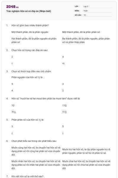 Trắc nghiệm Hỗn số có đáp án (Nhận biết)