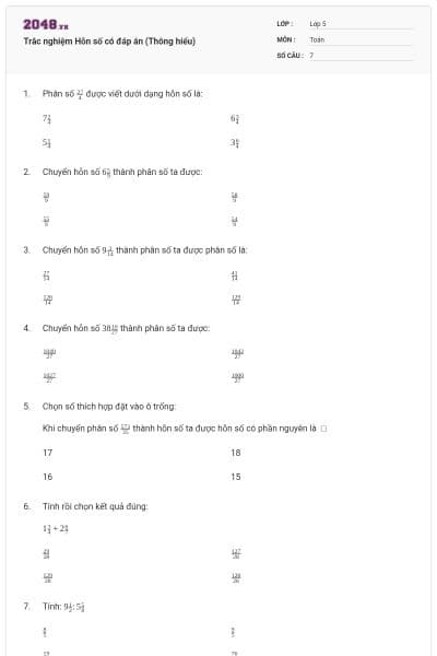 Trắc nghiệm Hỗn số có đáp án (Thông hiểu)