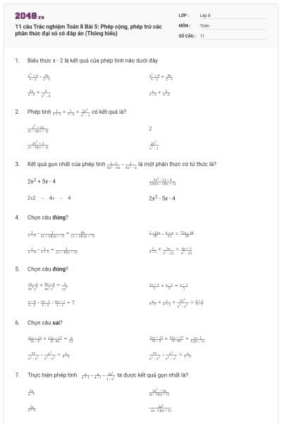 11 câu Trắc nghiệm Toán 8 Bài 5: Phép cộng, phép trừ các phân thức đại số có đáp án (Thông hiểu)