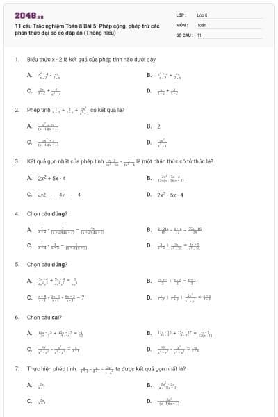 11 câu Trắc nghiệm Toán 8 Bài 5: Phép cộng, phép trừ các phân thức đại số có đáp án (Thông hiểu)