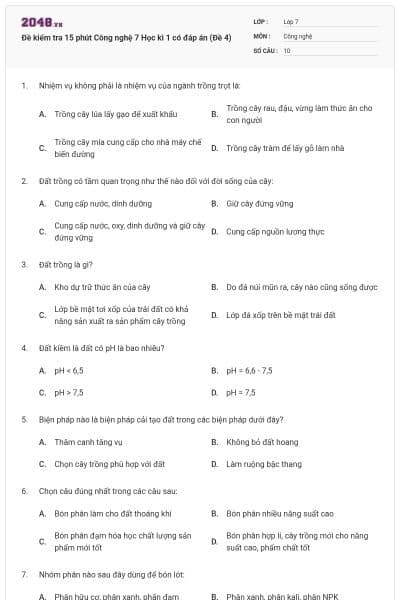 Đề kiểm tra 15 phút Công nghệ 7 Học kì 1 có đáp án (Đề 4)