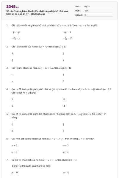 30 câu Trắc nghiệm Giá trị lớn nhất và giá trị nhỏ nhất của hàm số có đáp án (P1) (Thông hiểu)