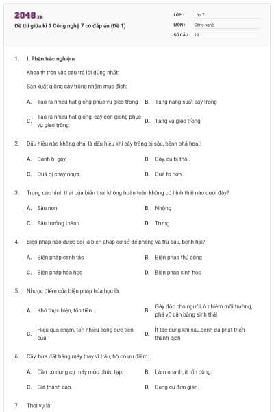 Đề thi giữa kì 1 Công nghệ 7 có đáp án (Đề 1)