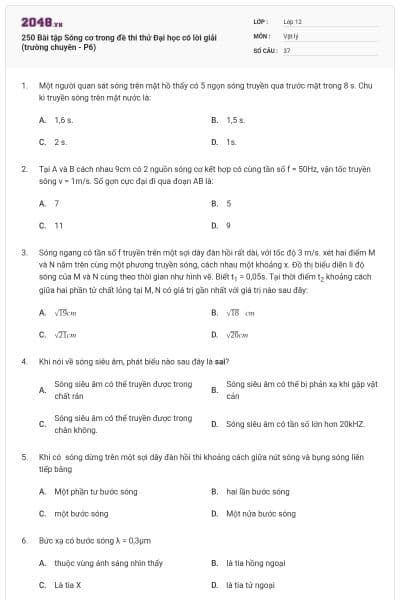 250 Bài tập Sóng cơ trong đề thi thử Đại học có lời giải (trường chuyên - P6)