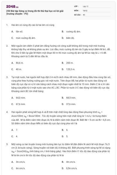 250 Bài tập Sóng cơ trong đề thi thử Đại học có lời giải (trường chuyên - P3)