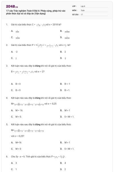17 câu Trắc nghiệm Toán 8 Bài 6: Phép cộng, phép trừ các phân thức đại số có đáp án (Vận dụng)