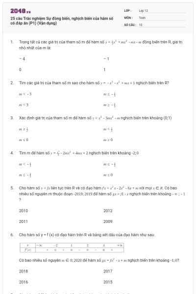 25 câu Trắc nghiệm Sự đồng biến, nghịch biến của hàm số có đáp án (P1) (Vận dụng)