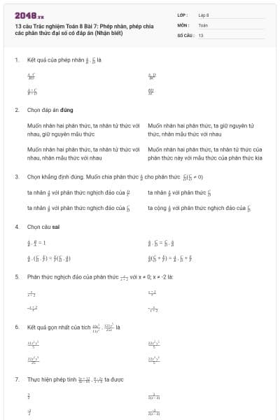 13 câu Trắc nghiệm Toán 8 Bài 7: Phép nhân, phép chia các phân thức đại số có đáp án (Nhận biết)