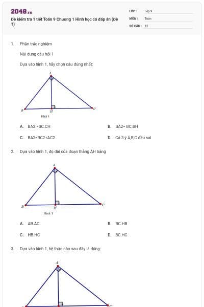 Đề kiểm tra 1 tiết Toán 9 Chương 1 Hình học có đáp án (Đề 1)