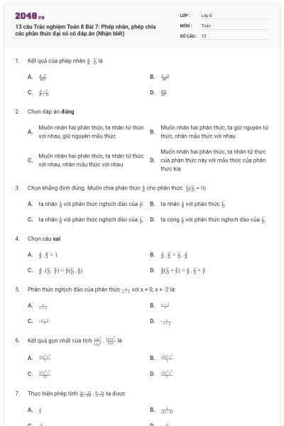13 câu Trắc nghiệm Toán 8 Bài 7: Phép nhân, phép chia các phân thức đại số có đáp án (Nhận biết)
