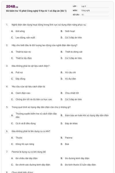 Đề kiểm tra 15 phút Công nghệ 9 Học kì 1 có đáp án (Đề 1)