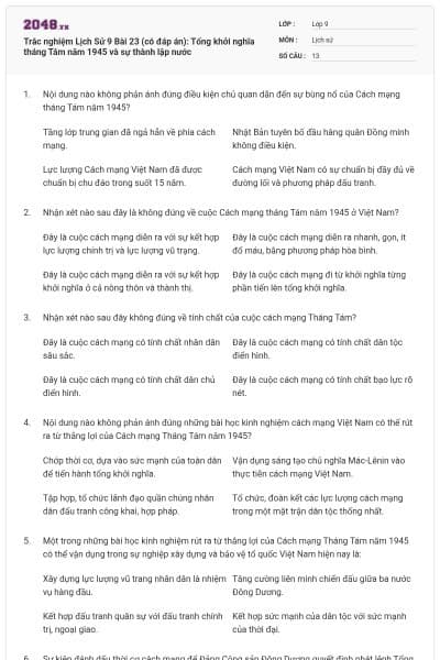 Trắc nghiệm Lịch Sử 9 Bài 23 (có đáp án): Tổng khởi nghĩa tháng Tám năm 1945 và sự thành lập nước