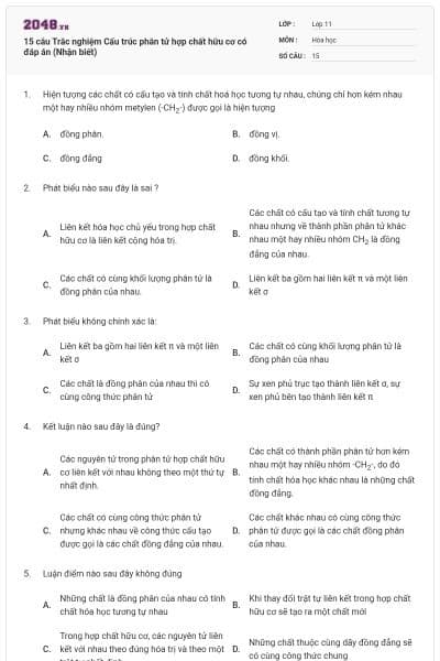 15 câu  Trắc nghiệm Cấu trúc phân tử hợp chất hữu cơ có đáp án (Nhận biết)