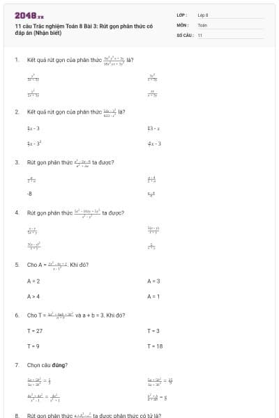 11 câu Trắc nghiệm Toán 8 Bài 3: Rút gọn phân thức có đáp án (Nhận biết)