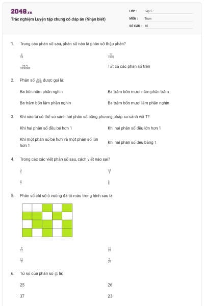 Trắc nghiệm Luyện tập chung có đáp án (Nhận biết)