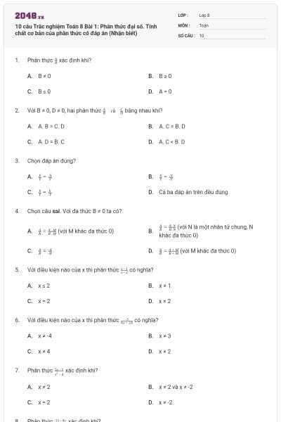 10 câu Trắc nghiệm Toán 8 Bài 1: Phân thức đại số. Tính chất cơ bản của phân thức có đáp án (Nhận biết)