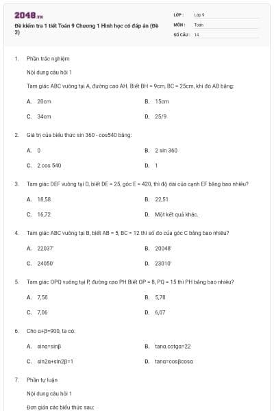 Đề kiểm tra 1 tiết Toán 9 Chương 1 Hình học có đáp án (Đề 2)
