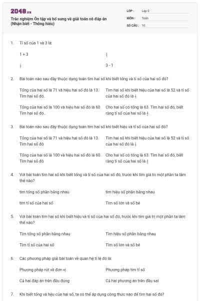 Trắc nghiệm Ôn tập và bổ sung về giải toán có đáp án (Nhận biết - Thông hiểu)