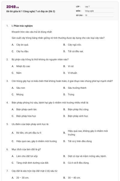 Đề thi giữa kì 1 Công nghệ 7 có đáp án (Đề 3)
