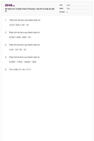 Đề kiểm tra 15 phút Toán 8 Chương 1 Đại Số có đáp án (Đề 2)
