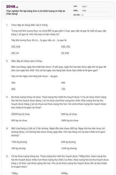 Trắc nghiệm Ôn tập bảng đơn vị đo khối lượng có đáp án (Vận dụng)