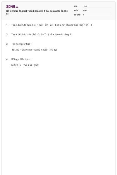 Đề kiểm tra 15 phút Toán 8 Chương 1 Đại Số có đáp án (Đề 5)