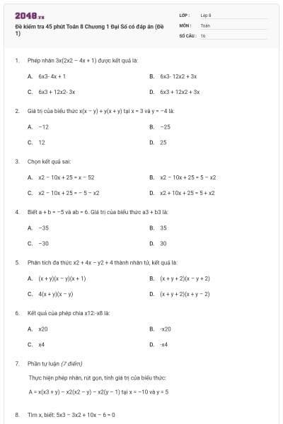 Đề kiểm tra 45 phút Toán 8 Chương 1 Đại Số có đáp án (Đề 1)