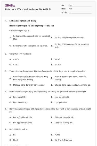Đề thi Học kì 1 Vật Lí lớp 8 cực hay, có đáp án (Đề 2)