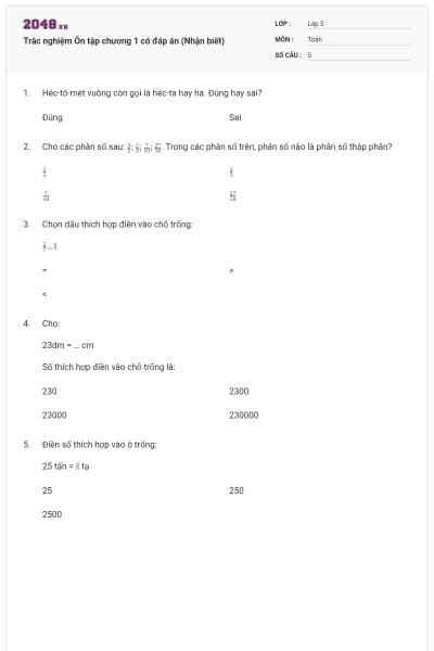 Trắc nghiệm Ôn tập chương 1 có đáp án (Nhận biết)