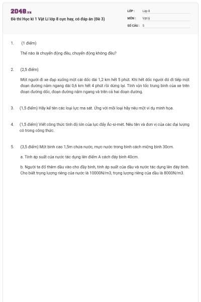 Đề thi Học kì 1 Vật Lí lớp 8 cực hay, có đáp án (Đề 3)
