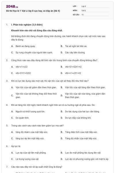 Đề thi Học kì 1 Vật Lí lớp 8 cực hay, có đáp án (Đề 4)