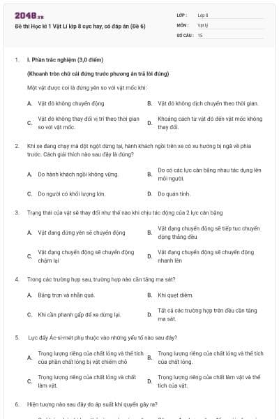 Đề thi Học kì 1 Vật Lí lớp 8 cực hay, có đáp án (Đề 6)