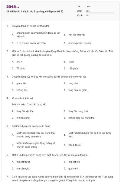 Đề thi Học kì 1 Vật Lí lớp 8 cực hay, có đáp án (Đề 7)