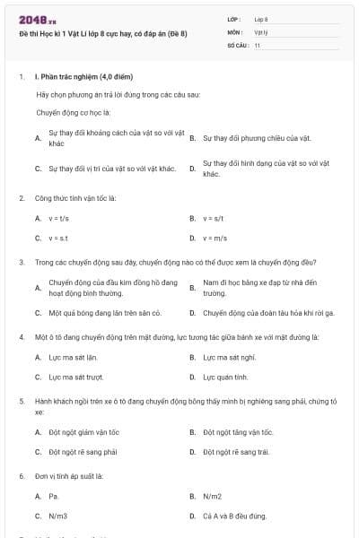 Đề thi Học kì 1 Vật Lí lớp 8 cực hay, có đáp án (Đề 8)