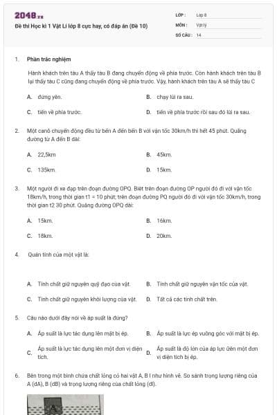 Đề thi Học kì 1 Vật Lí lớp 8 cực hay, có đáp án (Đề 10)