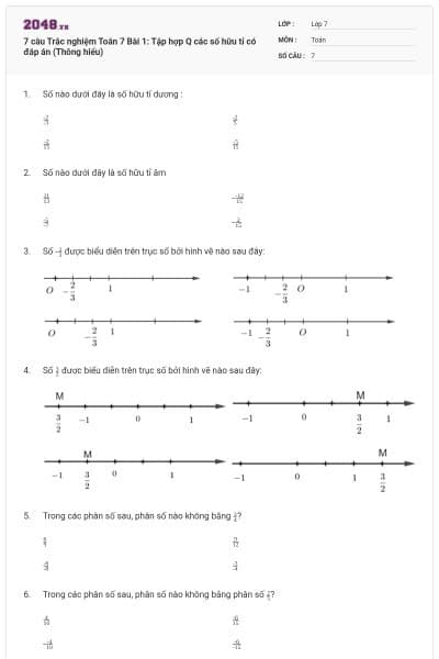 7 câu Trắc nghiệm Toán 7 Bài 1: Tập hợp Q các số hữu tỉ có đáp án (Thông hiểu)