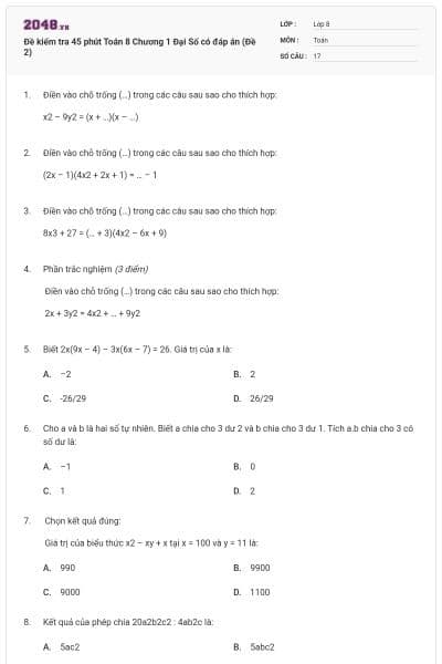 Đề kiểm tra 45 phút Toán 8 Chương 1 Đại Số có đáp án (Đề 2)