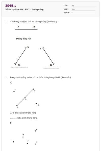 Vở bài tập Toán lớp 2 Bài 71: Đường thẳng