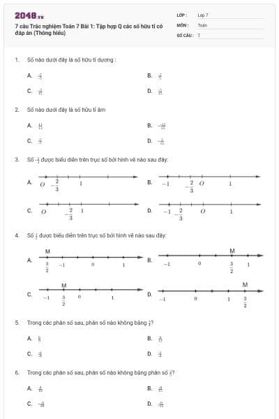 7 câu Trắc nghiệm Toán 7 Bài 1: Tập hợp Q các số hữu tỉ có đáp án (Thông hiểu)