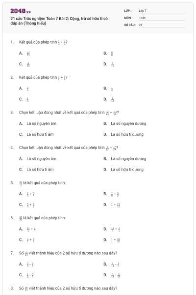 21 câu Trắc nghiệm Toán 7 Bài 2: Cộng, trừ số hữu tỉ có đáp án (Thông hiểu)