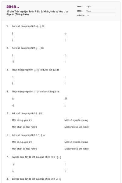 15 câu Trắc nghiệm Toán 7 Bài 2: Nhân, chia số hữu tỉ có đáp án (Thông hiểu)