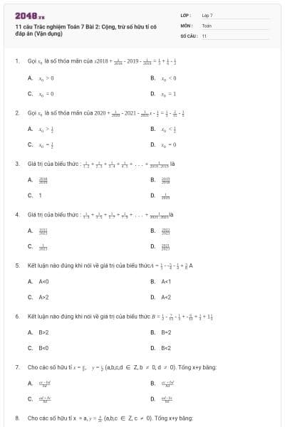 11 câu Trắc nghiệm Toán 7 Bài 2: Cộng, trừ số hữu tỉ có đáp án (Vận dụng)