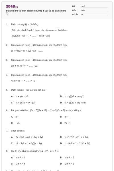 Đề kiểm tra 45 phút Toán 8 Chương 1 Đại Số có đáp án (Đề 3)