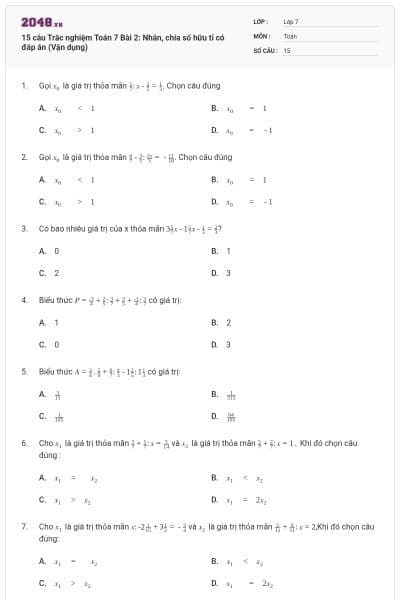 15 câu Trắc nghiệm Toán 7 Bài 2: Nhân, chia số hữu tỉ có đáp án (Vận dụng)