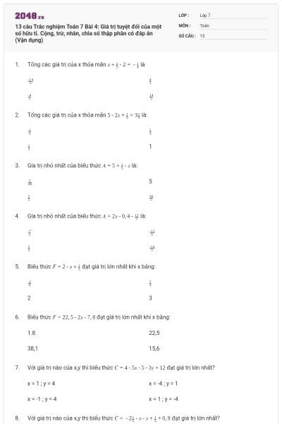 13 câu Trắc nghiệm Toán 7 Bài 4: Giá trị tuyệt đối của một số hữu tỉ. Cộng, trừ, nhân, chia số thập phân có đáp án (Vận dụng)