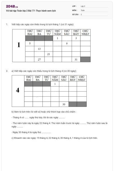 Vở bài tập Toán lớp 2 Bài 77: Thực hành xem lịch
